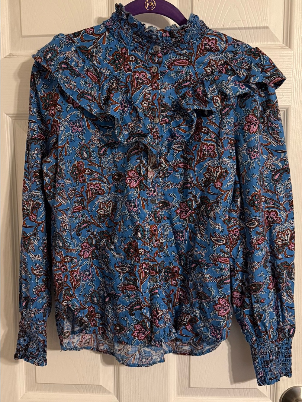 LOFT Blue Floral Ruffle Mock-Neck Blouse